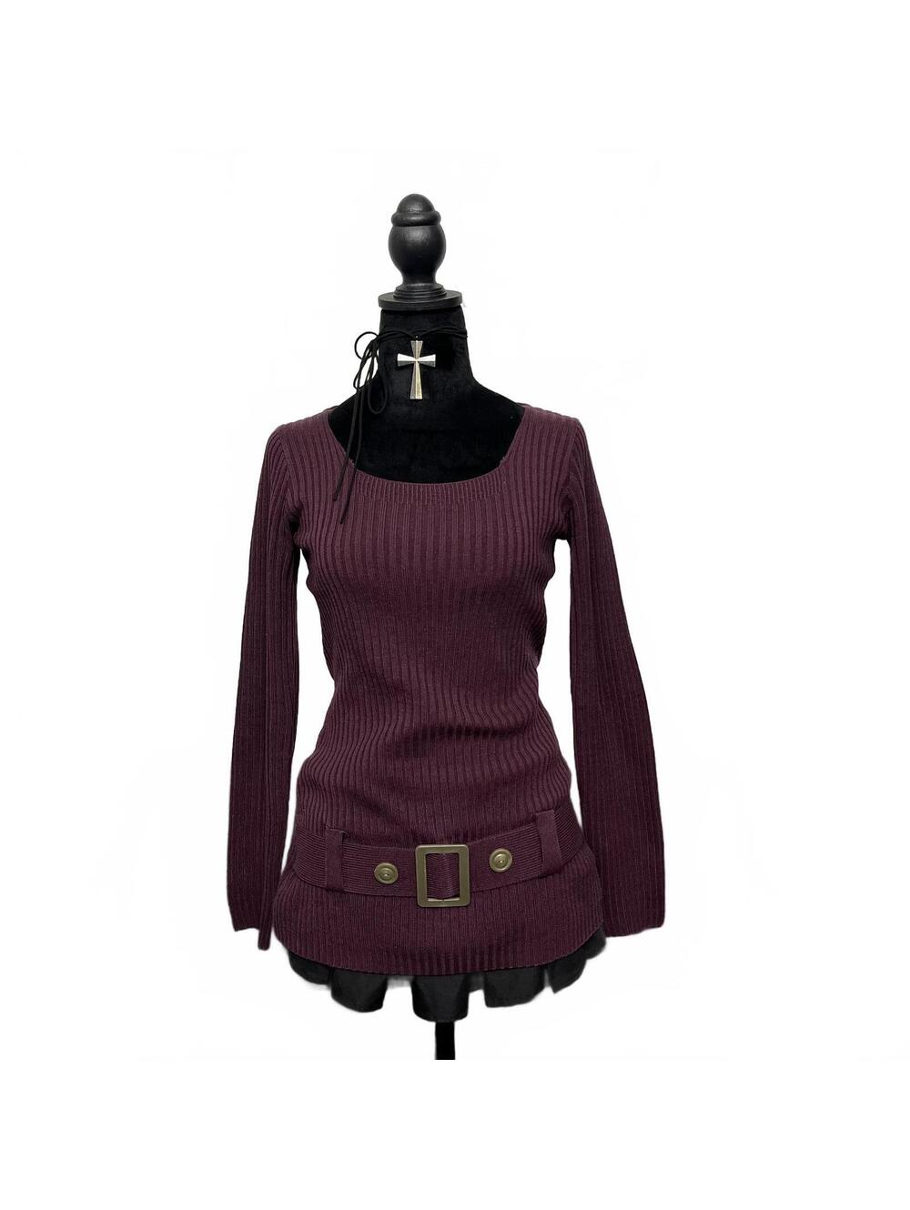 Y2K Bizz Girl Sz S Prune Ribbed Sweater With Belted Waist 2000s Fall